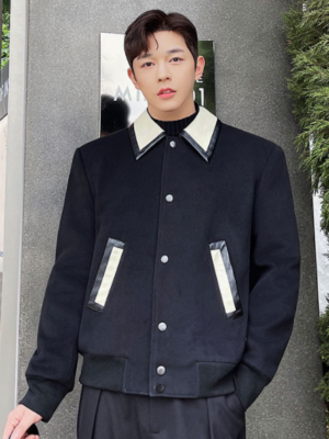 Wonwoo – Seventeen – Black Leather Collar Wool Jacket (9)