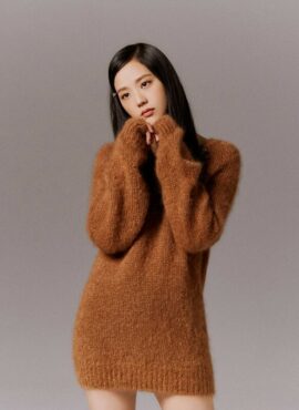 Brown Fluffy V-Neck Sweater Dress | Jisoo - BlackPink