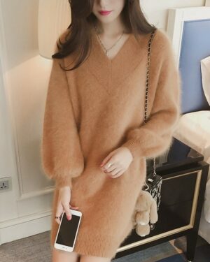 Brown Fluffy V-Neck Sweater Dress | Jisoo - BlackPink
