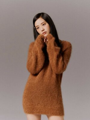Brown Fluffy V-Neck Sweater Dress | Jisoo – BlackPink