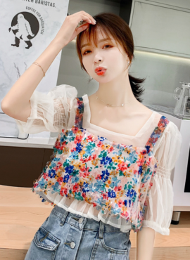 White Chiffon Blouse And Floral Crop Top Set | Choerry - Loona
