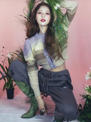 Brown Stripe Jeweled Cardigan | Hyuna