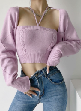 Lilac Knitted Sling Crop Top And Short Cardigan | Ningning - Aespa