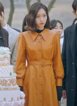 Orange Puff Sleeves Leather Dress | Joo Seok Kyung - Penthouse