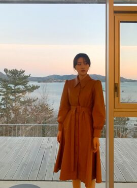 Orange Puff Sleeves Leather Dress | Joo Seok Kyung - Penthouse