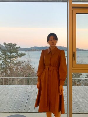 Orange Puff Sleeves Leather Dress Han Ji Hyun – Penthouse (4)