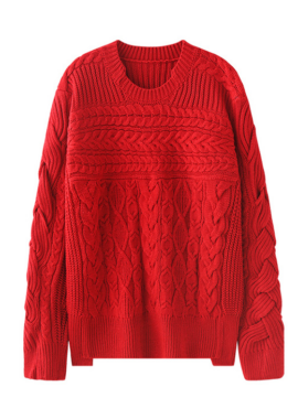 Red Round Neck Twist Knit Sweater | IM - MONSTA X