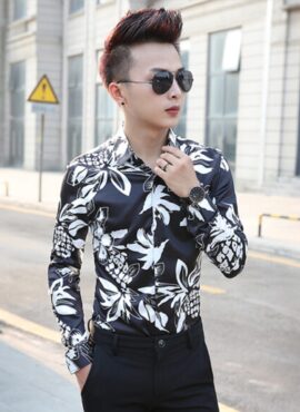 Black Pineapple and Flower Printed Shirt | Sehun-EXO