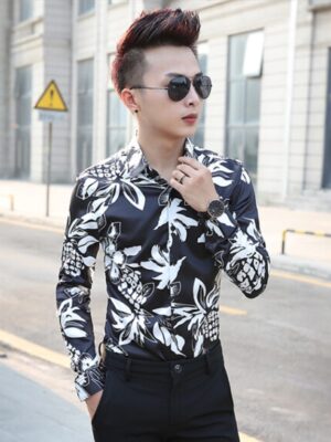 Sehun-EXO Black Pineapple and Flower Printed Long-Sleeved Shirt