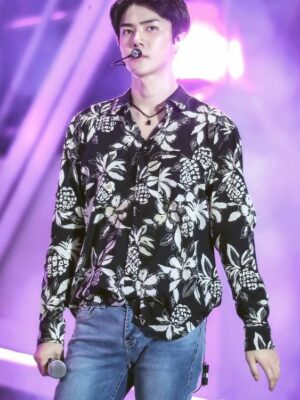 Black Pineapple and Flower Printed Shirt | Sehun-EXO