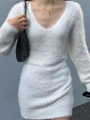 White Fluffy Long Sleeves Dress Winter – Aespa (3)