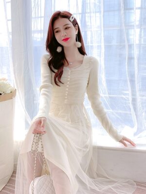 White Square Neck Long Sleeves Dress Seulgi – Red Velvet