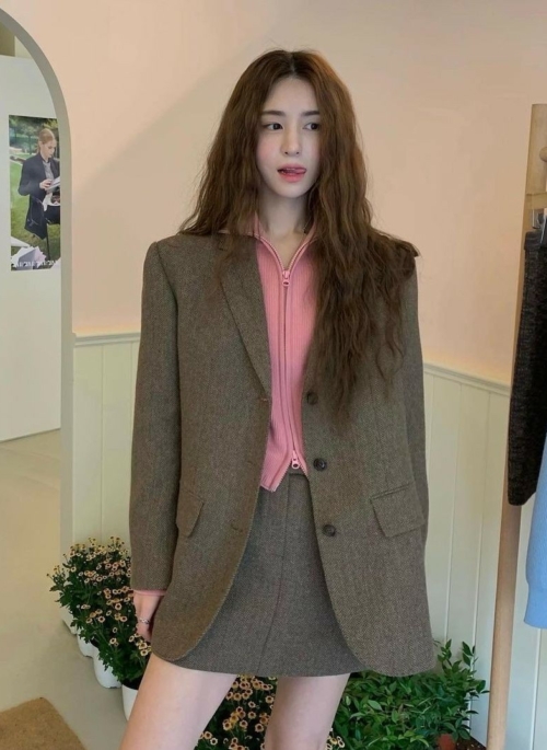 Dark Brown Herringbone Suit Blazer Jacket | Kook Yeon Su – Our Beloved Summer