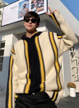 Beige Colorblock Stripe Patterned Hoodie | Hongjoong - ATEEZ