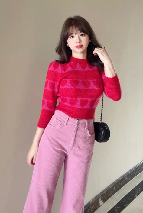 Red Heart Patterned Knit Sweater   Hyunjin   Loona   Fashion Chingu