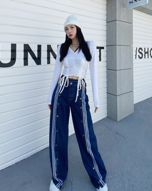 Blue Multi-Button Striped Denim Jeans | Lisa - BlackPink