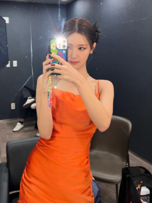 Orange Satin Dress With Draped Detail  |  Miyeon – (G)I-DLE