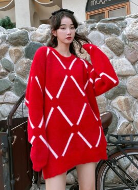Red Diamond Grid Sweater | San - ATEEZ