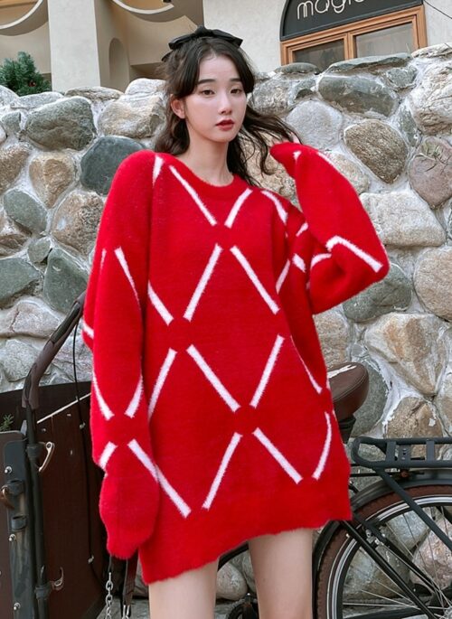 Red Diamond Grid Sweater | San – ATEEZ