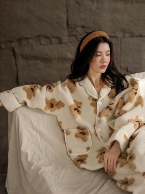 Beige Button Down Bear Pattern Pajama Set Enhypen – Jungwon (4)