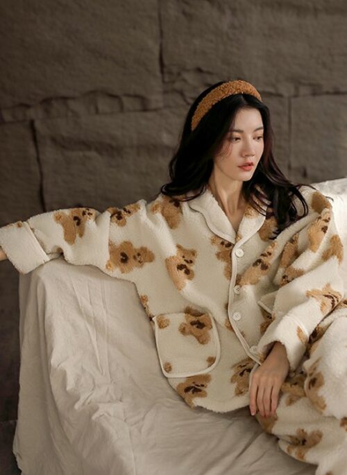 Beige Button Down Bear Pattern Pajama Set | Enhypen – Jungwon