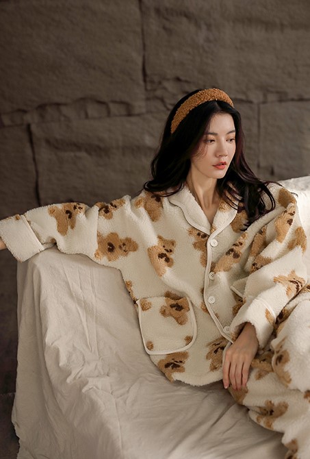 Beige Button Down Bear Pattern Pajama Set | Enhypen - Jungwon | K-Fashion at Fashionchingu