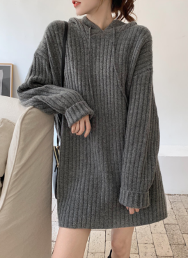 Grey Hooded Ribbed Sweater Dress | Jungwon - Enhypen