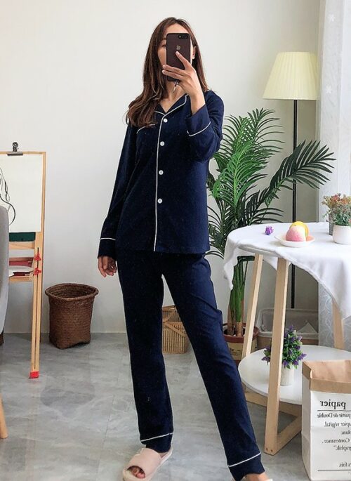 Navy Blue Pajama Set With White Linings | Olivia – Loona