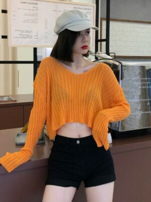 Orange V-neck Rib Thin Sweater Soojin – (G)I-DLE (4)