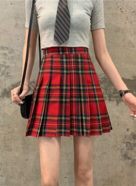 Red Plaid Pleated School Girl Skirt | Nayeon - Twice