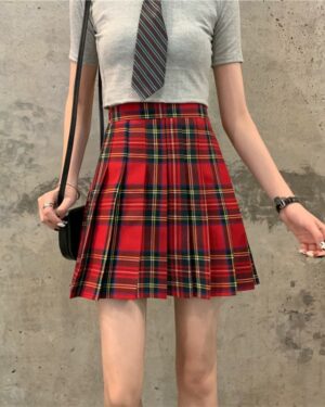 Red Plaid Pleated School Girl Skirt | Nayeon - Twice