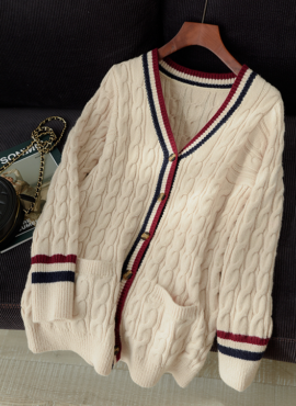 White Cable Knit Cardigan With Striped Hem | Sehun - EXO