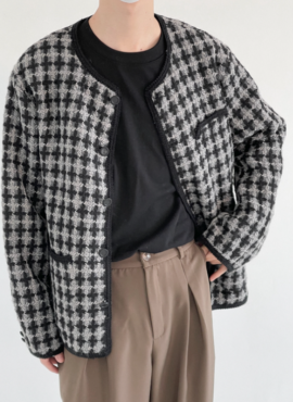 Grey Tweed Plaid Loose Jacket | Seonghwa - ATEEZ