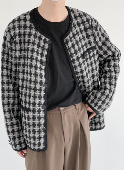 Grey Tweed Plaid Loose Jacket | Seonghwa – ATEEZ