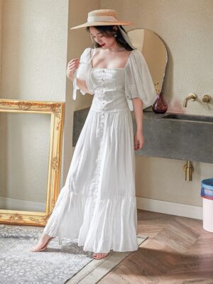 Yves – Loona White Long Puff Sleeve Dress (4)