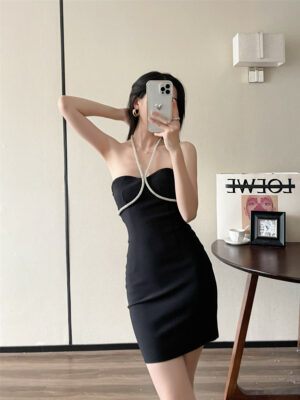 Black Rhinestone Bustier Halter Dress Momo – Twice model (2)