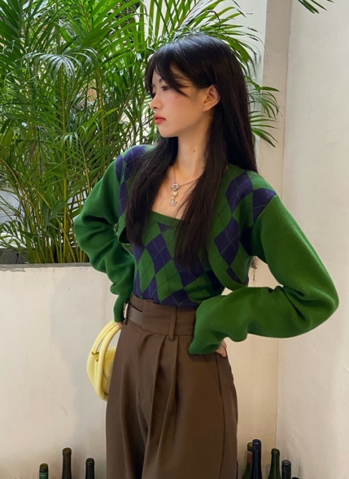 Green Argyle Short Cardigan Set | Seulgi - Red Velvet