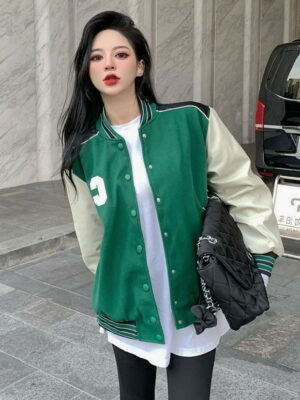 Green Leather Shoulders Baseball Jacket Hueningkai – TXT (6)