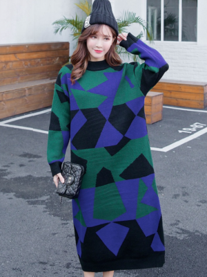 Momo – Twice – Green Geometric Patterned Sweater Dress (7)