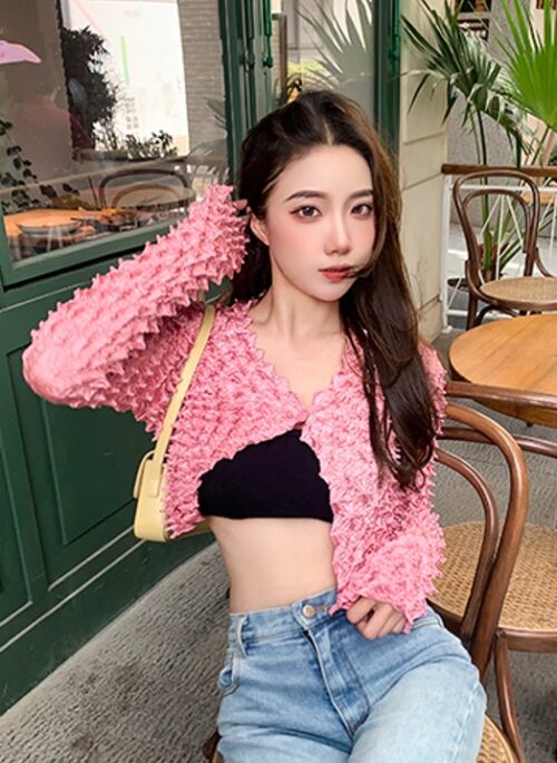 Pink Crumpled Style Open Cardigan | Lisa – BlackPink