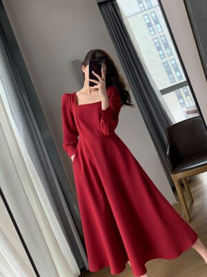 Red Square Neckline Long Sleeves Dress Cheon Seo Jin – Penthouse (16)