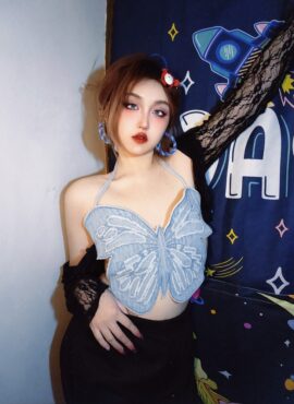 Blue Butterfly Denim Backless Crop Top | Shuhua - (G)I-DLE