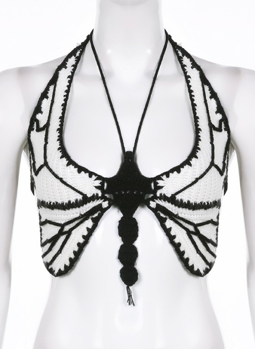 White Backless Crocheted Butterfly Crop Top | Ningning - Aespa