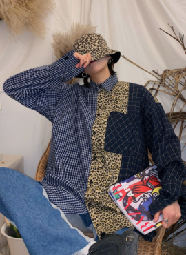 Blue Leopard Plaid Patchwork Shirt | Hyunjin  - Stray Kids