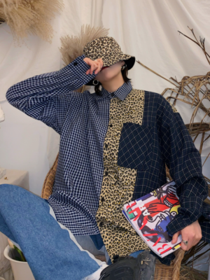 Hyunjin – Stray Kids – Blue Leopard Plaid Patchwork Shirt (1)