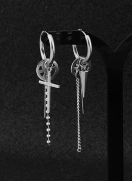 Silver Cross And Pendulum Asymmetrical Earrings | Jimin - BTS