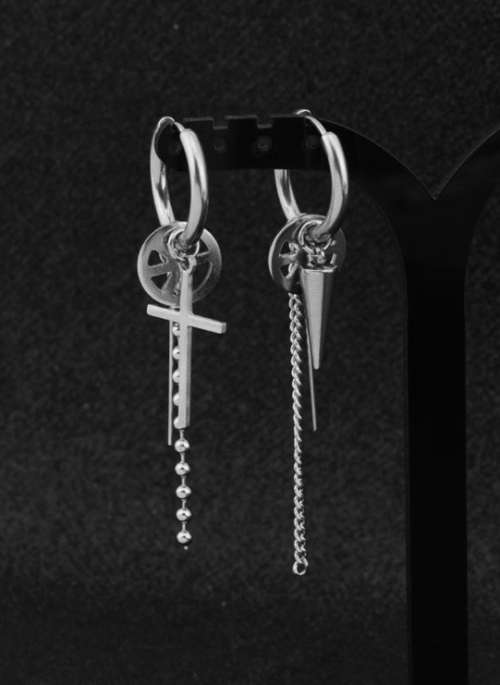 Silver Cross And Pendulum Asymmetrical Earrings | Jimin – BTS