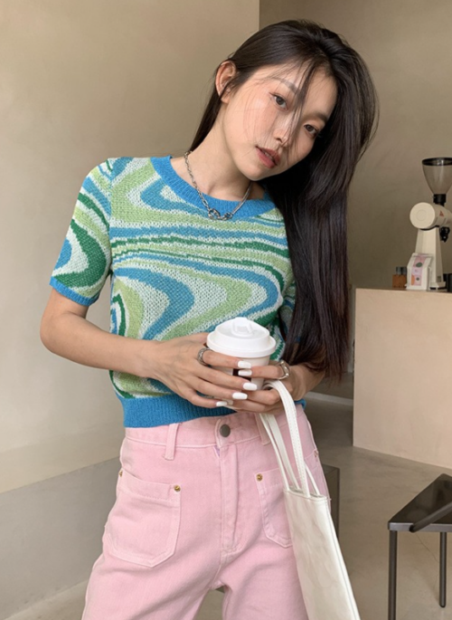 Blue Wave Print Knit T-Shirt | Sooyoung – Girls Generation