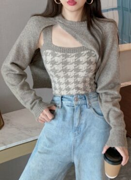 Grey Houndstooth Knitted Top | SuA - Dreamcatcher
