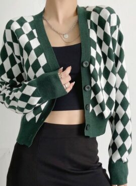 Green Diamond Checkered Pattern Cardigan | Rose - BlackPink